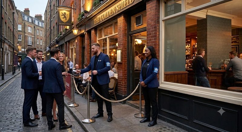 Door supervisor at the entrance to a London pub on a busy evening